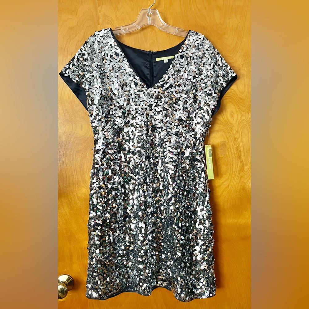 NWT Gianna Bini Black Satin Silver Sequin Party Dress Size 8 $168